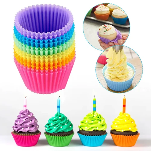 Set of 12 Colorful Silicone Cake Cup Liners – Perfect Muffin and Cupcake Baking Molds