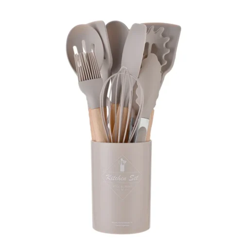12 Piece Non Stick Silicone Kitchenware Set with Wooden Handles, Complete Cooking Tool Set