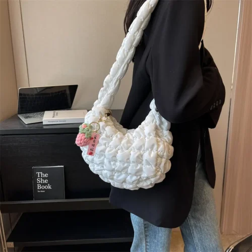 Quilted Nylon Shoulder Bag - Lightweight Candy Color Tote for Women
