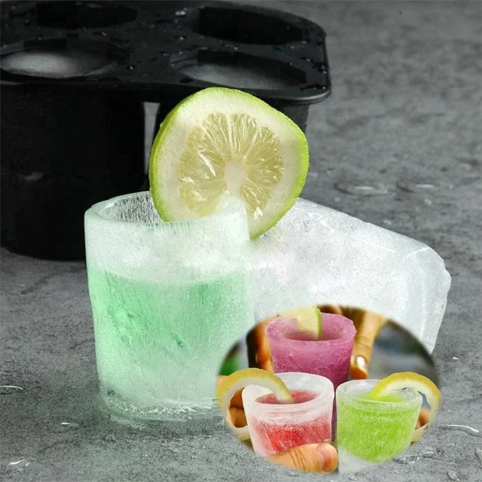 4-Holes Silicone Shot Glass Ice Molds / Reusable Whiskey Ice Cube Trays for Freezer - Food-Grade Ice Cup Tray Maker