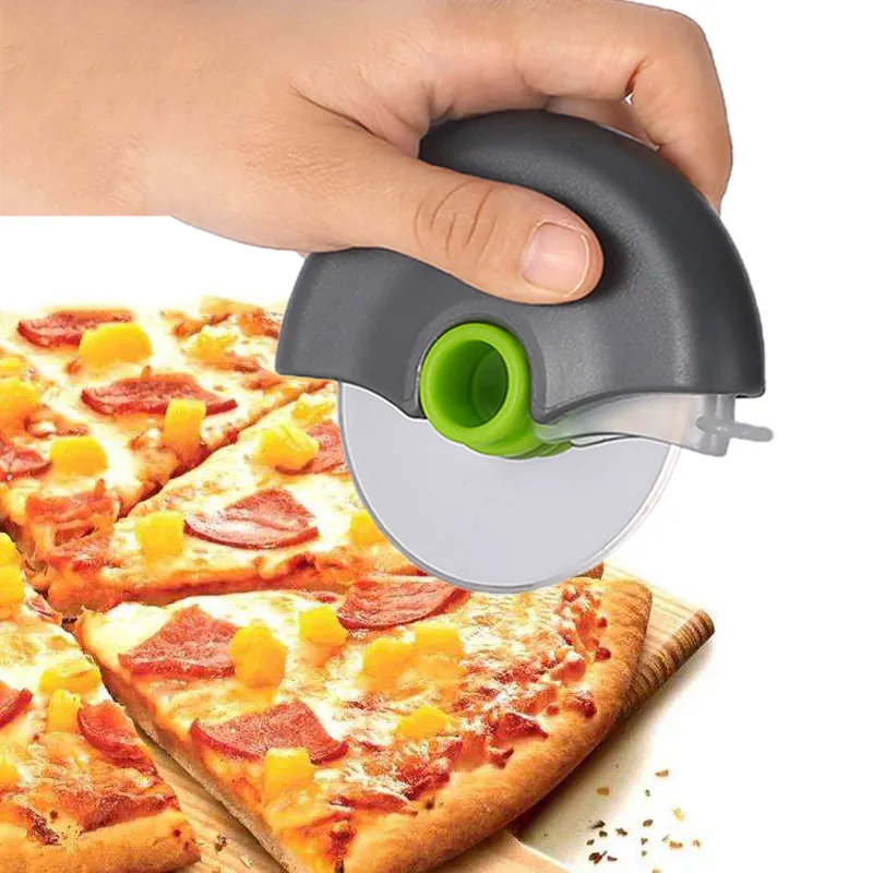 Stainless Steel Pizza Cutter with Round Wheels - Multi-Functional Cutting Knife Kitchen Gadget with Lid - Perfect for Pizza and Pastry Baking