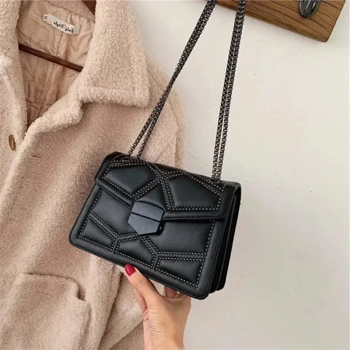 Vintage Rivet Chain Small Shoulder Bag for Women: Flap PU Leather Fashion Small Square Crossbody Bag, Designer Handbag