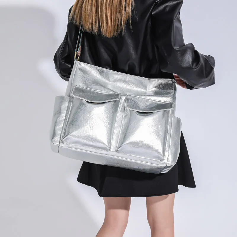 Classic Silver Satchels: Vintage PU Leather Shoulder Bags with Large Capacity, Korean Designer Casual Totes for Women