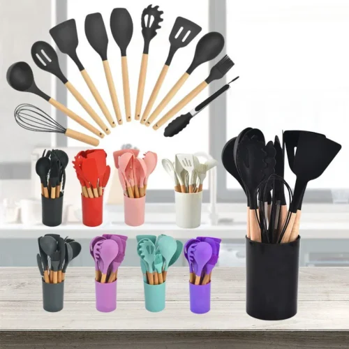 12-Piece Non-Stick Silicone Utensils Set with Wooden Handles - Spatulas, Egg Beaters, and More