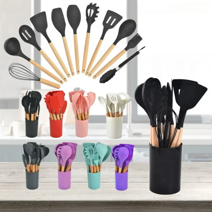12-Piece Non-Stick Silicone Kitchen Utensils Set with Wooden Handles - Ideal Cookware for Your Kitchen, Including Spatulas, Egg Beaters, and More