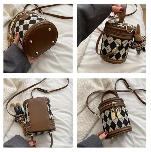 Rhombus Patchwork Bucket Bag - Fashionable Crossbody Cylinder Handbag for Women