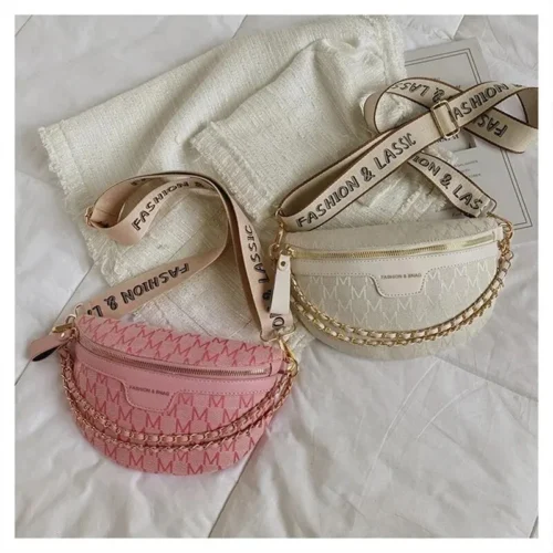 Elevate Your Style with our Fashionable Patterned Fanny Packs for Women - Featuring Stylish Letter Prints, Chain Details, and a Wide Strap for a Versatile Crossbody Bag