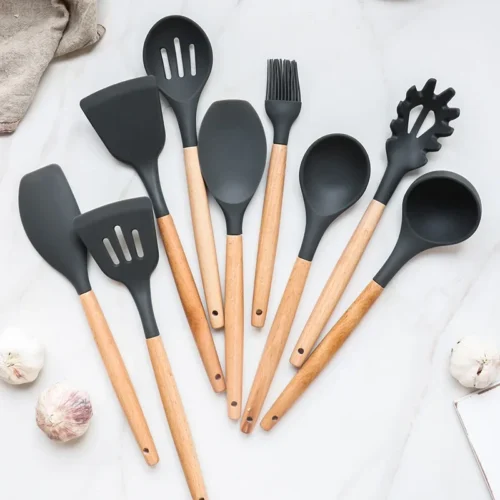 12 Piece Non Stick Silicone Kitchenware Set with Wooden Handles, Complete Cooking Tool Set