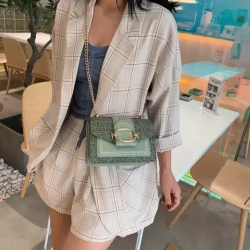 Korean Style Fashion Bag with Cotton and Linen Splicing and Chain Shoulder