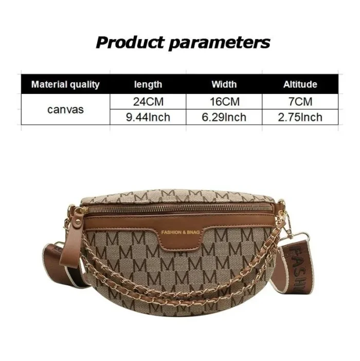 Elevate Your Style with our Fashionable Patterned Fanny Packs for Women - Featuring Stylish Letter Prints, Chain Details, and a Wide Strap for a Versatile Crossbody Bag