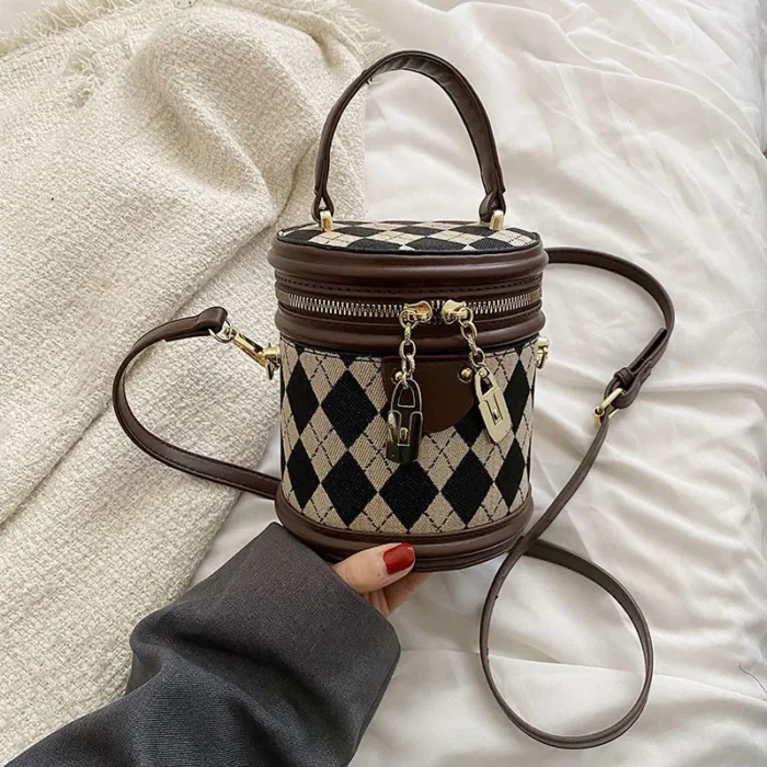 Rhombus Patchwork Bucket Bag - Fashionable Crossbody Cylinder Handbag for Women