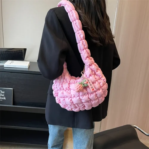 Quilted Nylon Shoulder Bag - Lightweight Candy Color Tote for Women