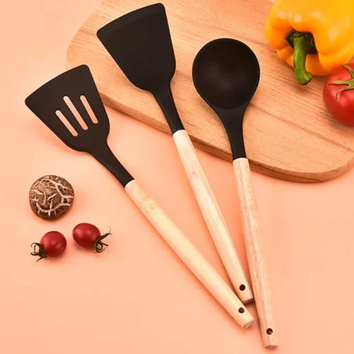 12-Piece Non-Stick Silicone Utensils Set with Wooden Handles - Spatulas, Egg Beaters, and More