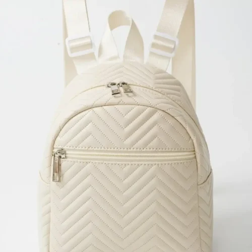 Classic Quilted Leather Backpack – Beige Mini Bag for Travel and Shopping