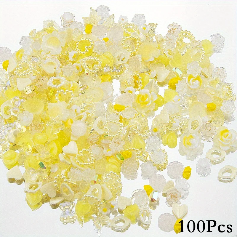 100 Pcs Acrylic Nail Charms: Butterfly, Bow, Bear, Flower, Heart, Crown Designs with AB Nail Rhinestones Crystals - Enhance Your Nail Art with Stunning Decorations