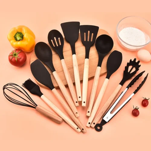 12-Piece Non-Stick Silicone Utensils Set with Wooden Handles - Spatulas, Egg Beaters, and More