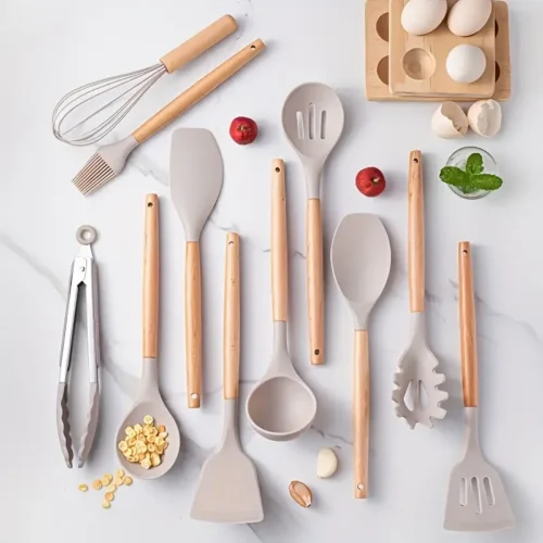 12-Piece Silicone Cooking Utensils Set - Non-Stick Kitchen Tools with Wooden Handles