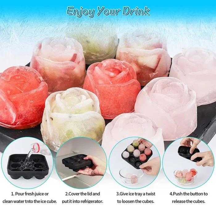 3D Rose Ice Molds 1.3 Inch / Small Ice Cube Trays to Make 9 Giant Cute Flower-Shaped Ice Cubes - Silicone Rubber Fun Big Ice Ball Maker