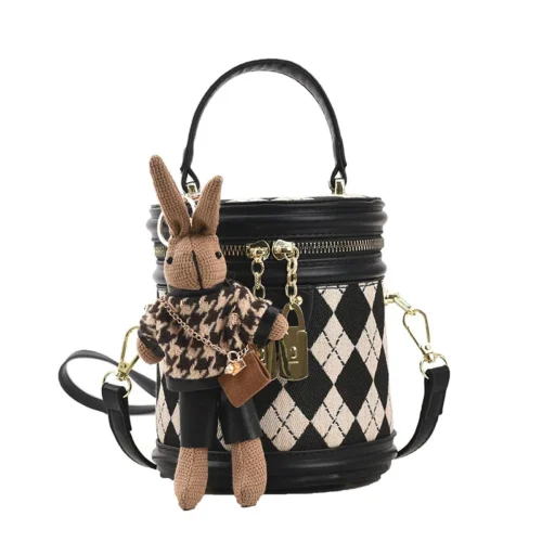 Rhombus Patchwork Bucket Bag - Fashionable Crossbody Cylinder Handbag for Women