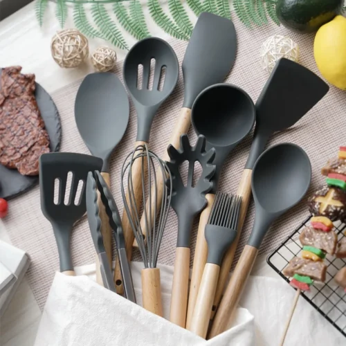 12 Piece Non Stick Silicone Kitchenware Set with Wooden Handles, Complete Cooking Tool Set