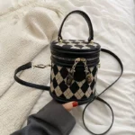 Rhombus Patchwork Bucket Bag - Fashionable Crossbody Cylinder Handbag for Women