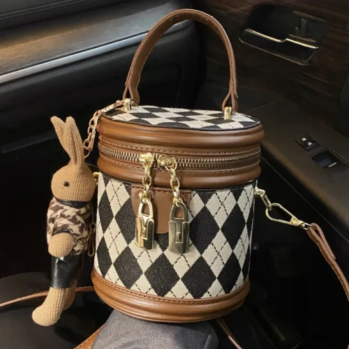 Rhombus Patchwork Bucket Bag - Fashionable Crossbody Cylinder Handbag for Women