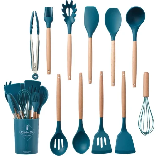 12-Piece Non-Stick Silicone Utensils Set with Wooden Handles - Spatulas, Egg Beaters, and More