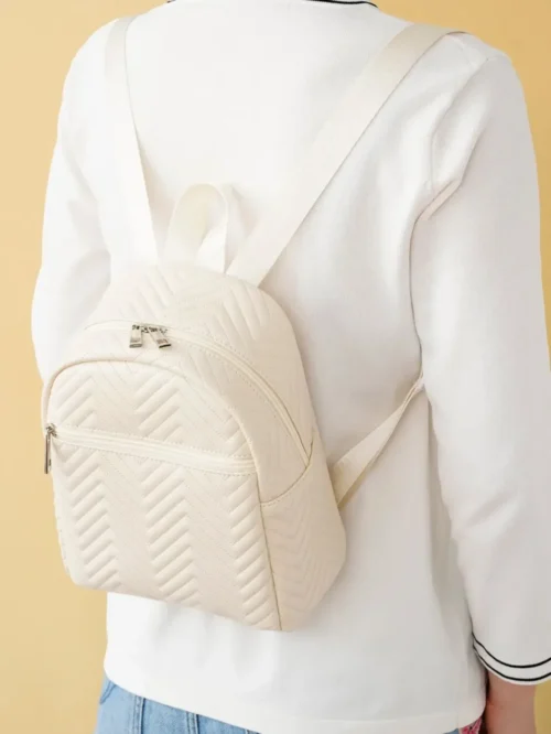 Classic Quilted Leather Backpack – Beige Mini Bag for Travel and Shopping