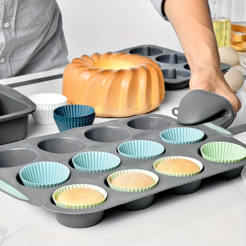 Heat-Resistant Silicone Bakeware Set - Includes Loaf, Bread, Muffin, Donut, and Cake Baking Tray - Versatile Silicone Cake Pan Set for Oven Baking