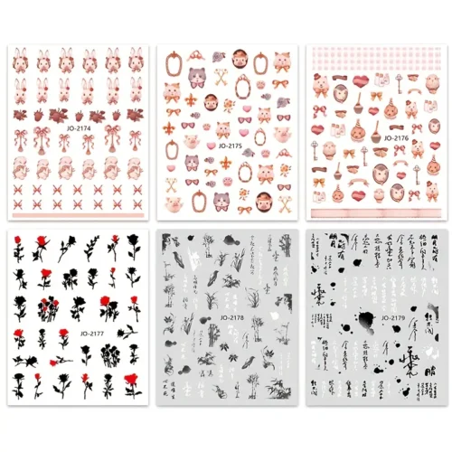 Nail Art Stickers: Sweet Rabbit and Chinese Style Ink Painting Rose Nail Decals - Self-Adhesive Nail Supplies for Women and Girls, Elevate Your Nail Art Design