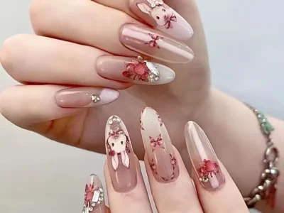 Nail Art Stickers: Sweet Rabbit and Chinese Style Ink Painting Rose Nail Decals - Self-Adhesive Nail Supplies for Women and Girls, Elevate Your Nail Art Design