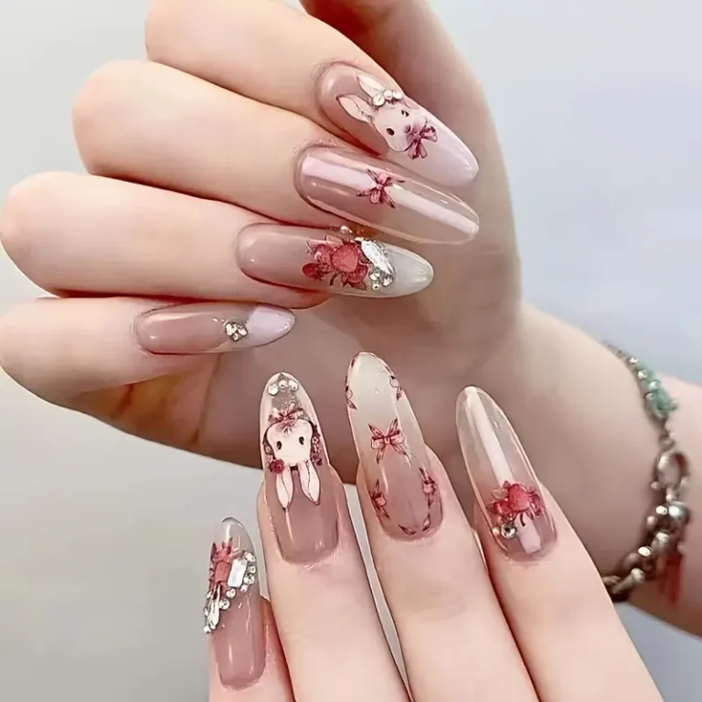 Nail Art Stickers: Sweet Rabbit and Chinese Style Ink Painting Rose Nail Decals - Self-Adhesive Nail Supplies for Women and Girls, Elevate Your Nail Art Design