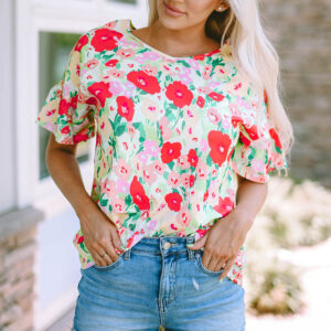 Passionate Petals- Fiery Red Floral V-Neck Blouse with Ruffled Sleeves