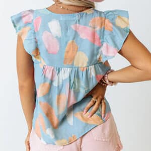 Sky Blue Shift Top with Playful Splotches Pattern and Ruffled Cap Sleeves