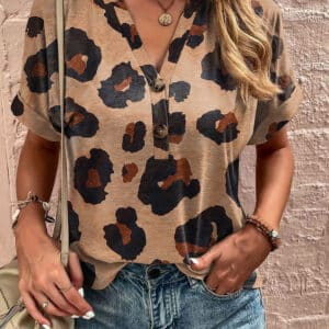 Light French Beige Blouse with Leopard Folded Short Sleeves and Buttoned V-Neck