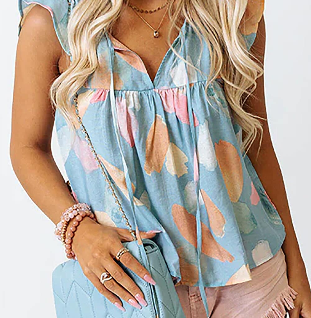 Sky Blue Shift Top with Playful Splotches Pattern and Ruffled Cap Sleeves