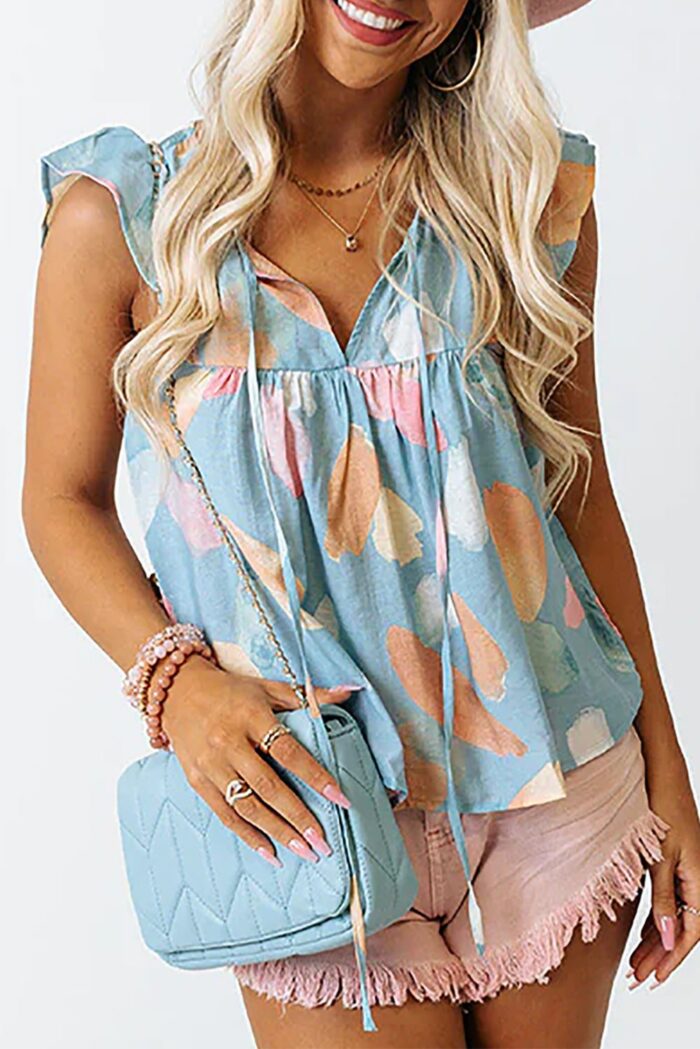 Sky Blue Shift Top with Playful Splotches Pattern and Ruffled Cap Sleeves