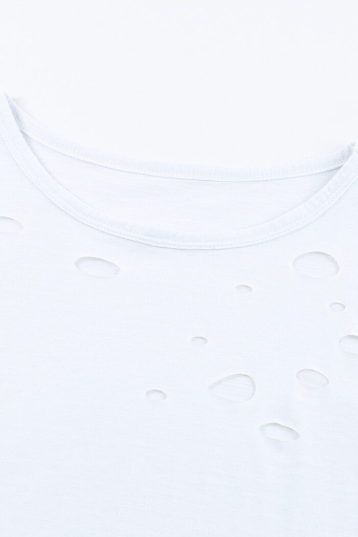 Stylish White Mixed Cotton T-Shirt with Crew Neck and Unique Hole Details