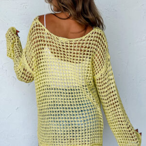 Sunny Yellow Bell Sleeve Tunic Sweater with Open Knit Crochet Detail