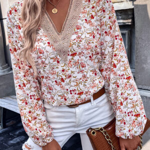 Elegant White Lace V-Neck Blouse with Delicate Floral Long Sleeves