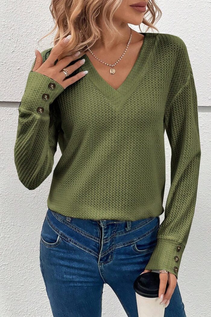 Jungle Green Textured Knit Top with V-Neck and Button Cuffs for Stylish Comfort
