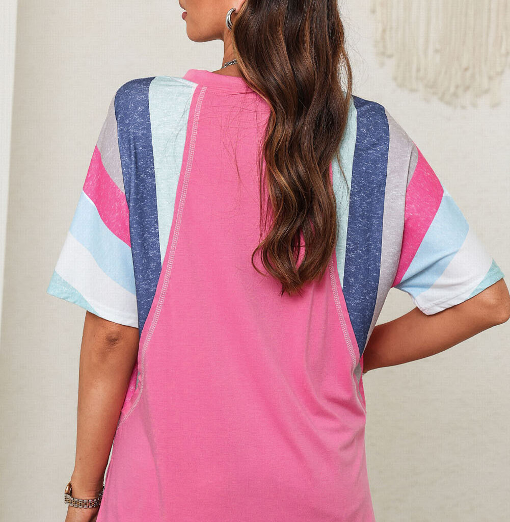 V Neck T Shirt with Pink and White Stripe Patchwork