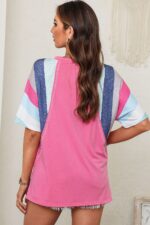 V Neck T Shirt with Pink and White Stripe Patchwork