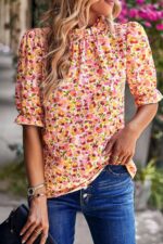 Boho Blossoms- Vibrant Orange Floral Mock Neck Blouse with Ruffle Details