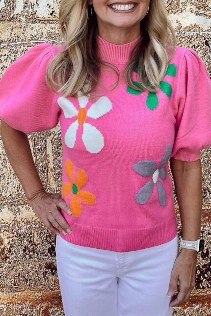 Bright Pink Floral Short Sleeve Sweater with Bubble Texture
