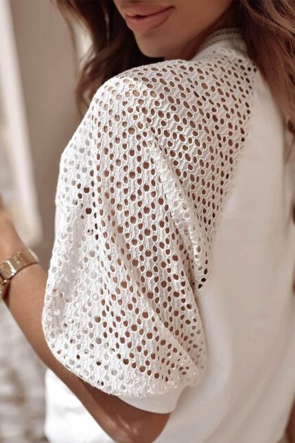 Airy Elegance- White Lace Tee with Half Sleeves