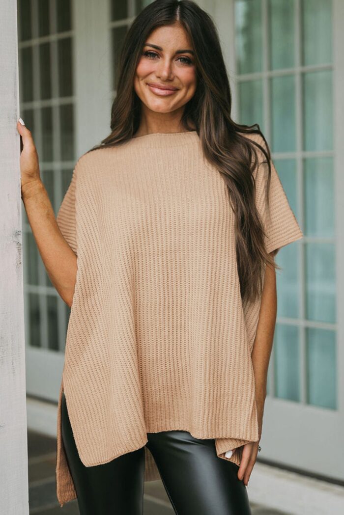 Apricot Oversized Sweater with Short Sleeves and Stylish Side Slits