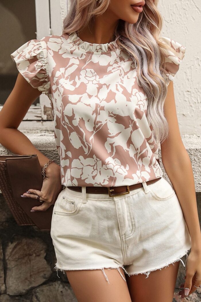 Olive Floral Print Ruffle Short Sleeve Blouse