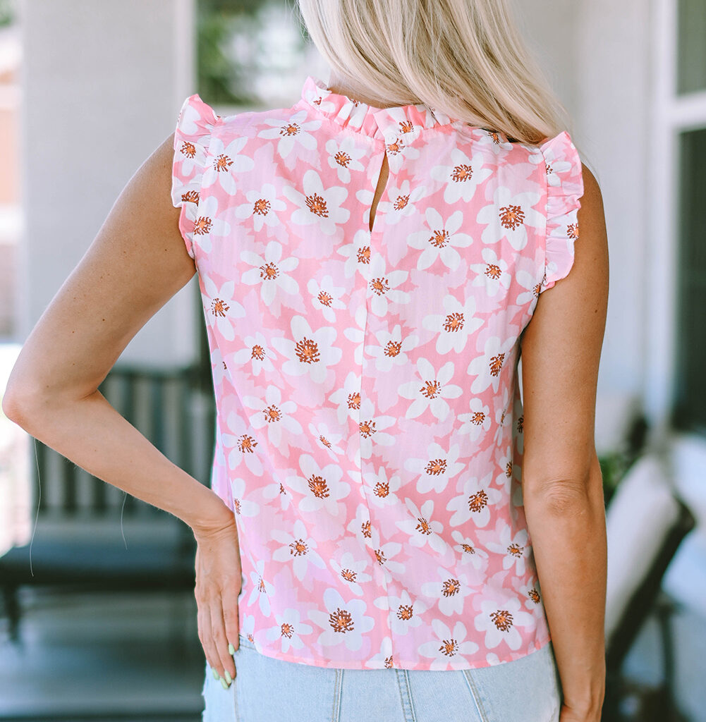 Blossoming Romance- Ruffle-Trimmed Floral Blouse in Pink