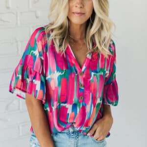 Rose Blouse with Abstract Brushwork Print and Buttoned V-Neck Detail